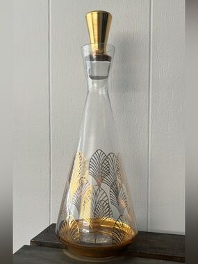 Vintage MCM Gold Feather leaf Decanter with Original Stopper - Art Deco Style